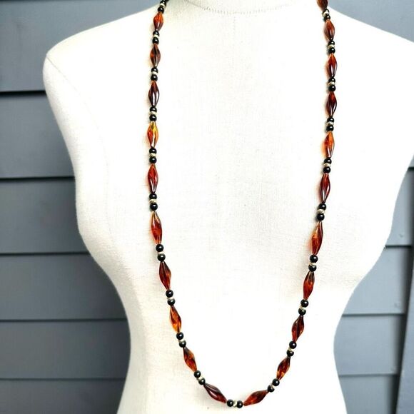 Vintage Avon About Town Faux Tortoise Black & Gold Tone Beaded Necklace - Picture 1 of 7